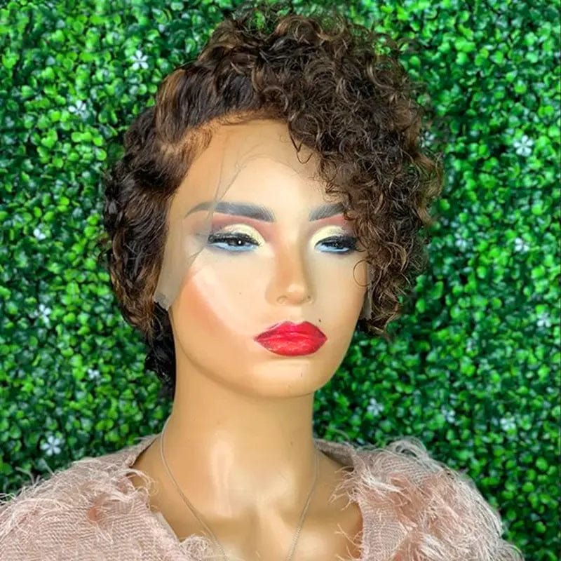 10 Inches / Ombre Brown Color Swiss Lace Ombre Brown Color Curly Pixie Cut Bob Virgin Cuticle Aligned Hair Lace Front Wigs