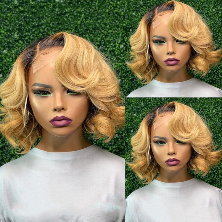 10 Inches / ombre color as picture New Hot Selling Short bob Wavy Honey Blonde Ombre Color 100% Brazilian Human Hair 4x4 Lace Closure Wigs