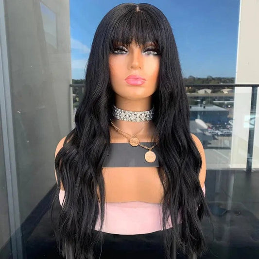 10 Inches / # style1 Natural Black Color Long Inches Water Wave Wig Pre Plucked With Bangs Cuticle Aligned Vietnam Lace Front Wigs