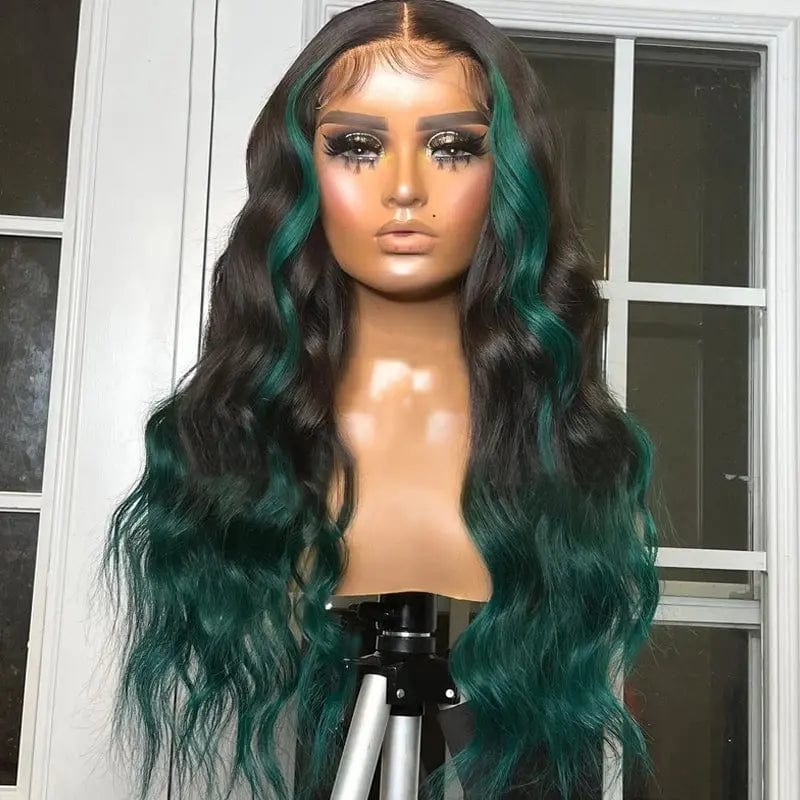 10 Inches / # style1 Unprocessed Black Green Highlight Color Natural Wave Pre Plucked Bleached Knots Cuticle Aligned Lace Front Wigs