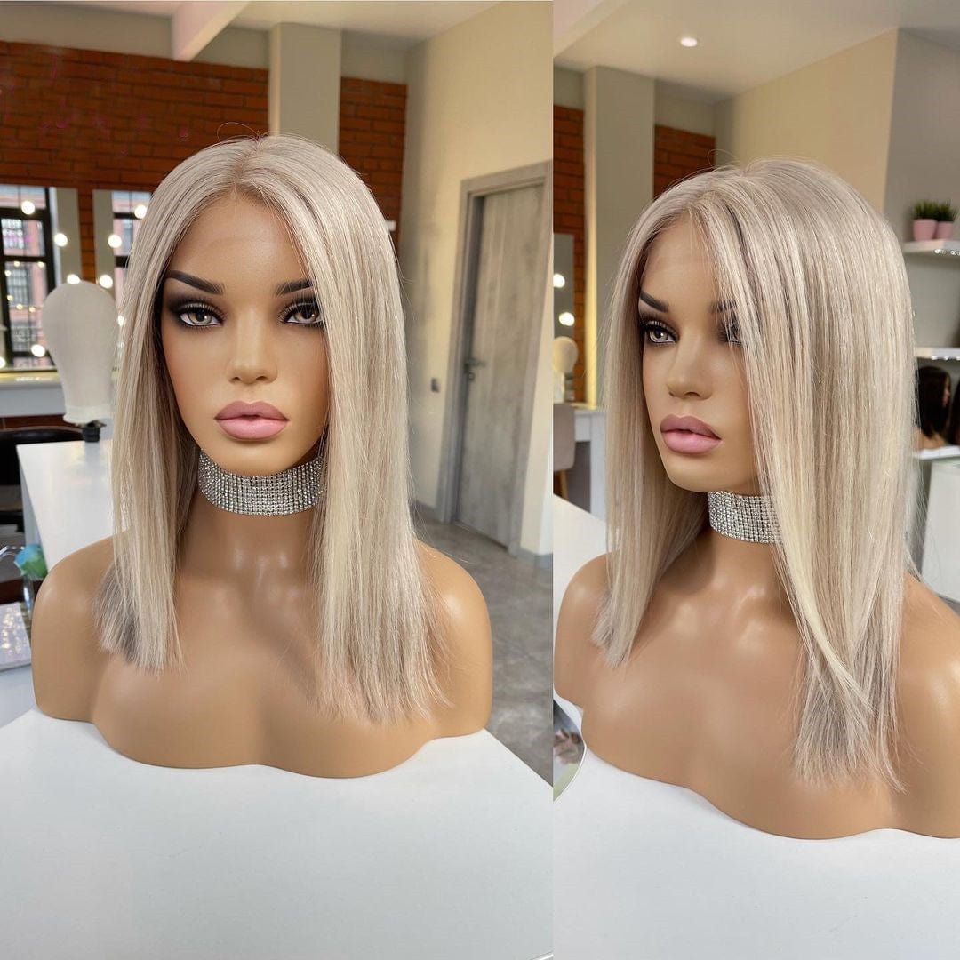 10 Inches / # style2 Hot Sell Blonde Bob Wigs Ombre Ash Blonde Color Silky Straight Human Hair Pre Plucked Lace Front Wigs