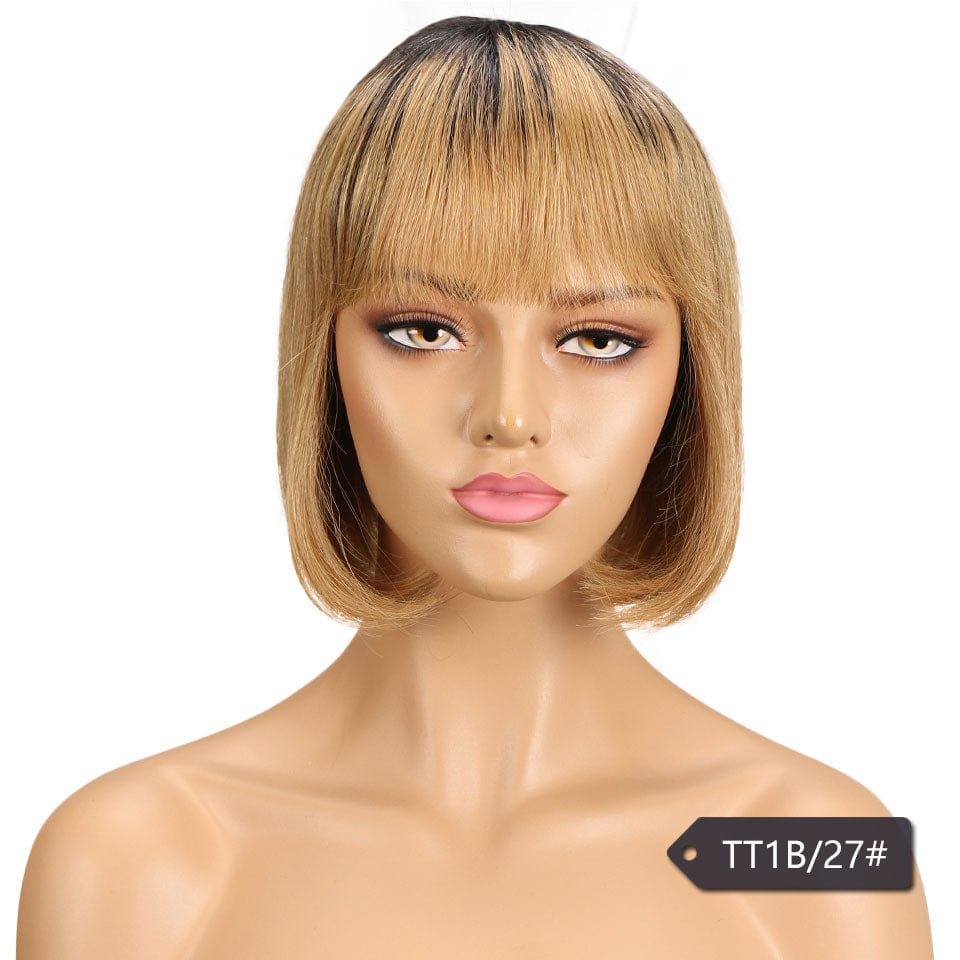 10 Inches / TT1B/27 Machine made human hair wig orange colored half straight 613 indian blue water wave highlight  pixie cut short human hair wigs