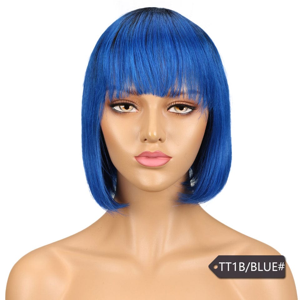 10 Inches / TT1B/BLUE Machine made human hair wig orange colored half straight 613 indian blue water wave highlight  pixie cut short human hair wigs
