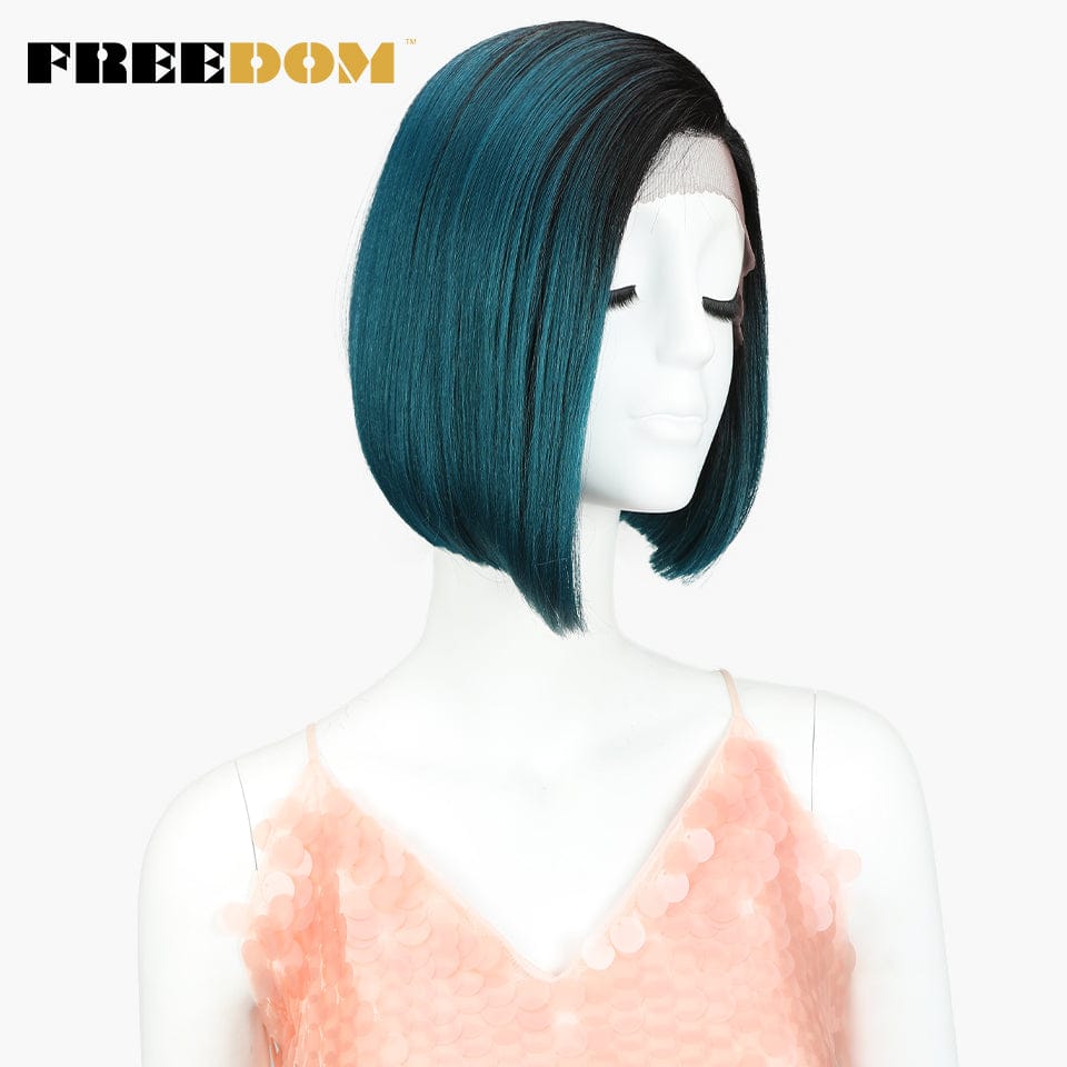 10 Inches / TT1BDTEAL short bob wig sleek wholesale hot selling cheap heat resistant fiber bob straight lace part frontal synthetic hair wig for women