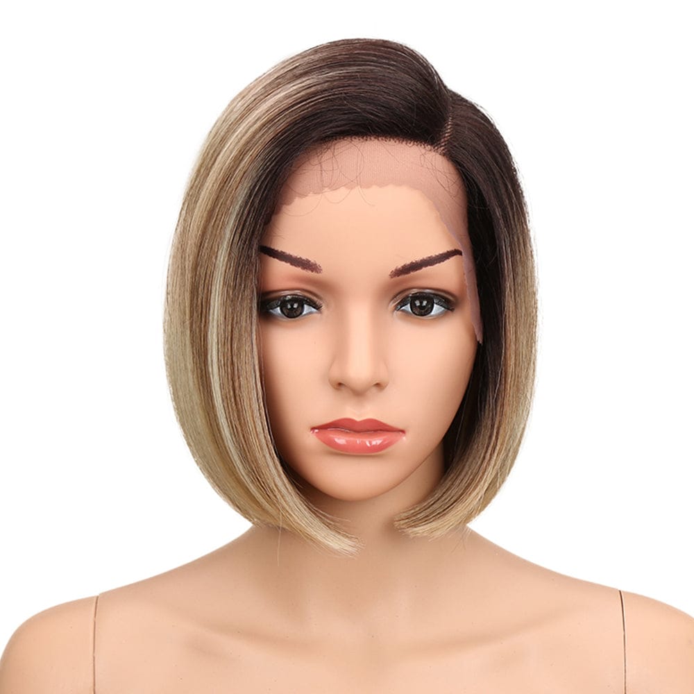 10 Inches / TT6/23C short bob wig sleek wholesale hot selling cheap heat resistant fiber bob straight lace part frontal synthetic hair wig for women