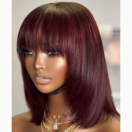 100% Natural Black Short Bob Wig With Bangs For Black Women,Brazilian Virgin Remy Straight Human Hair Fringe Bob Style Cut Wigs