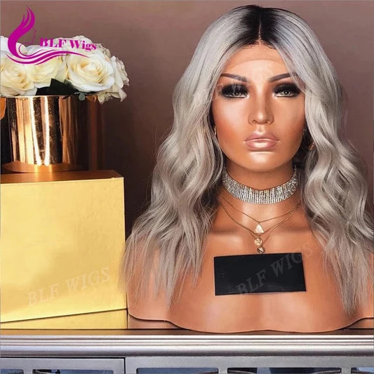 100% Peruvian Human Hair Glueless Lace Wig Short Bob Gray Lace Front Wig with Dark Root