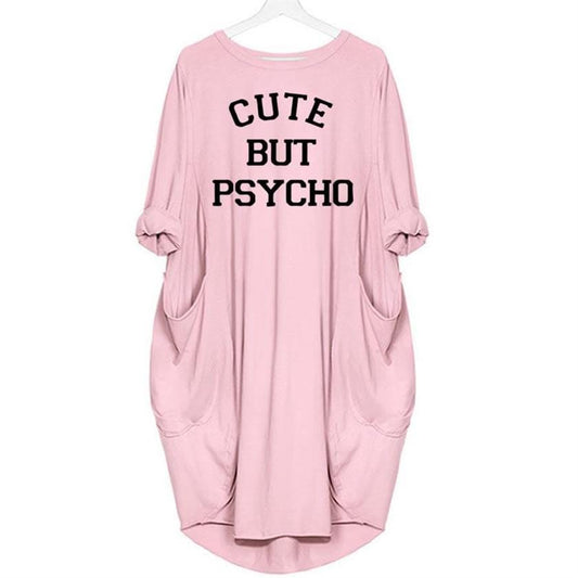 100% Premium Cotton Pocket Dress Cute But Psycho Letters Print Dress Beach Summer Women Maxi Vestidos Mujer Cheap Clothes China