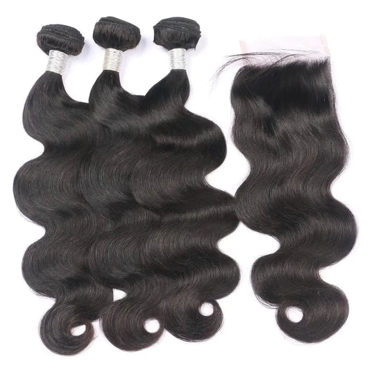 100% Unprocessed virgin human hair 3 body wave with closure double machine weft