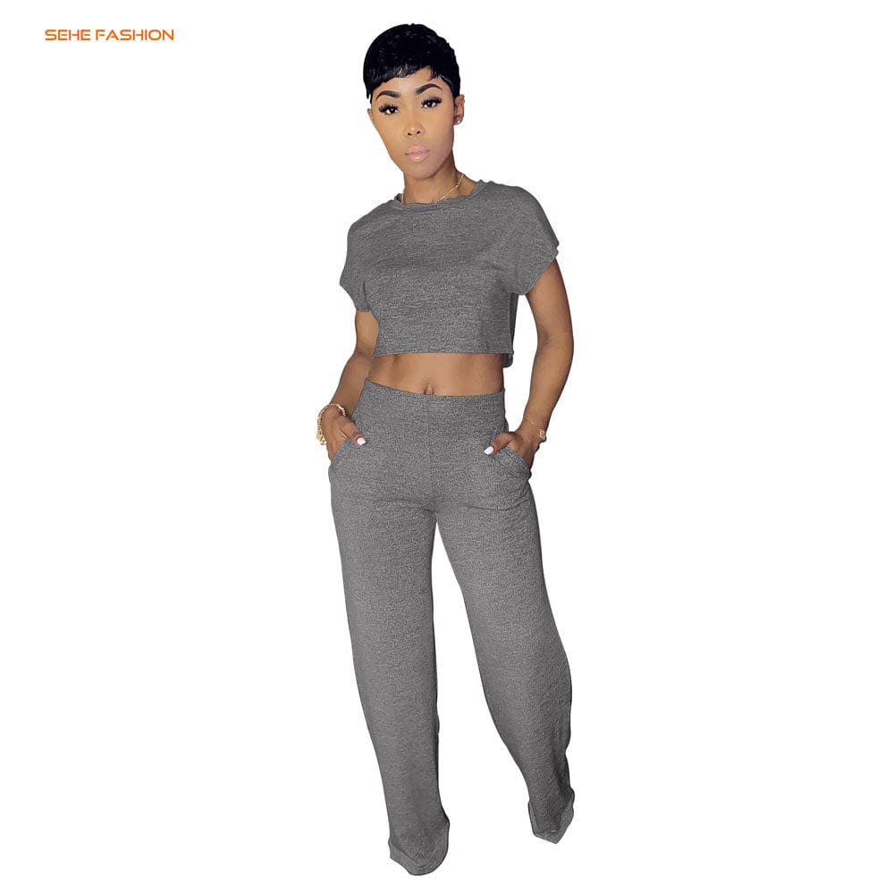 10101-MX95 5 colors casual crop top straight pants jumpsuits women sehe fashion