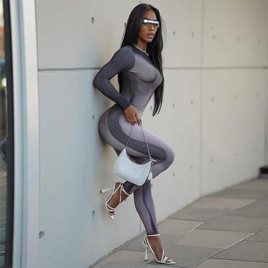 10118 Stretchy Long Sleeve O Neck Print Bodycon One Piece Bodysuit Women'S Sets 2022 New Winter Lady American Clothes