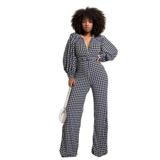10510-MX90 Trendy Houndstooth Printed long Sleeve OL Women Jumpsuit With Belt