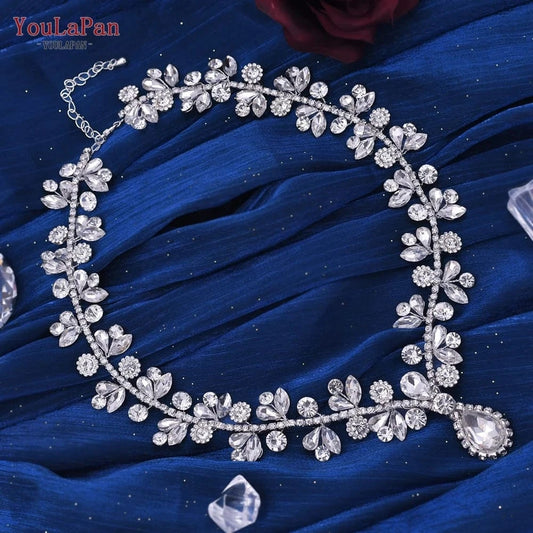 10INCHES / silver YouLaPan HN02 Fashion Ladies Silver Choker Rhinestone Heart Pendant Necklace Jewelry Wedding Matching Headwear Bridal Necklace