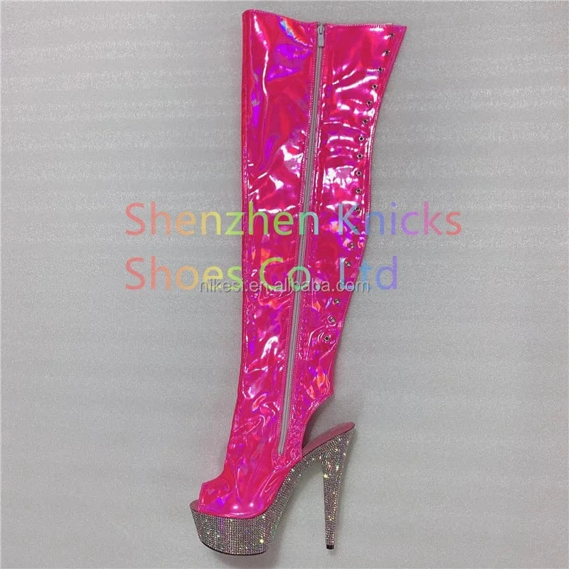 11 / Pink Rncksi  6 "- 15cm super high heel  diamond tassel boot AB diamond sole   Custom color shiny illusion shoes