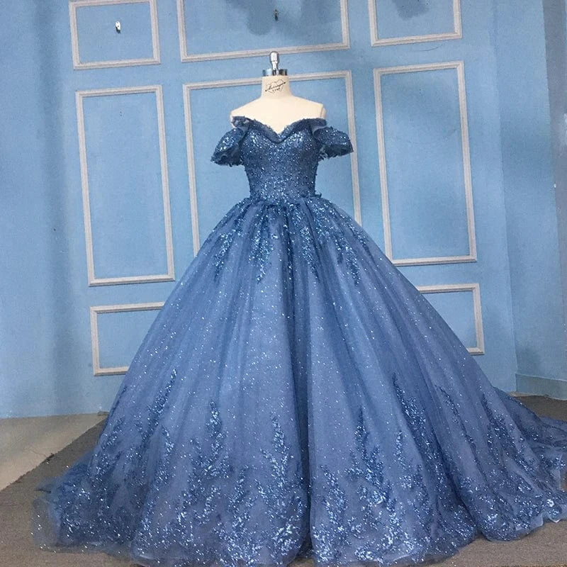 12 / 1 Glitter Elegant Blue Off Shoulder Bridal Ball Gown Evening Dress Jancember 9789-1