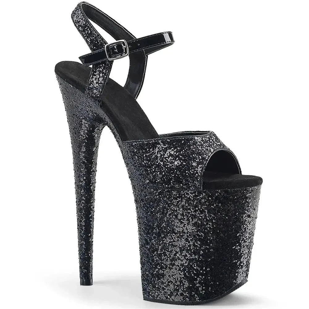 12 / Black 20cm sequins decorated thick bottom waterproof platform skyhigh buckle pole dance performance sandals female