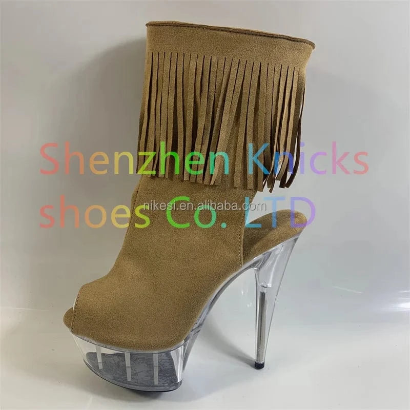 12 / Brown 6inch-15cm Sexy nightclub pole dance performance low ankle boots fringe toe ultra high heel with crystal waterproof platform