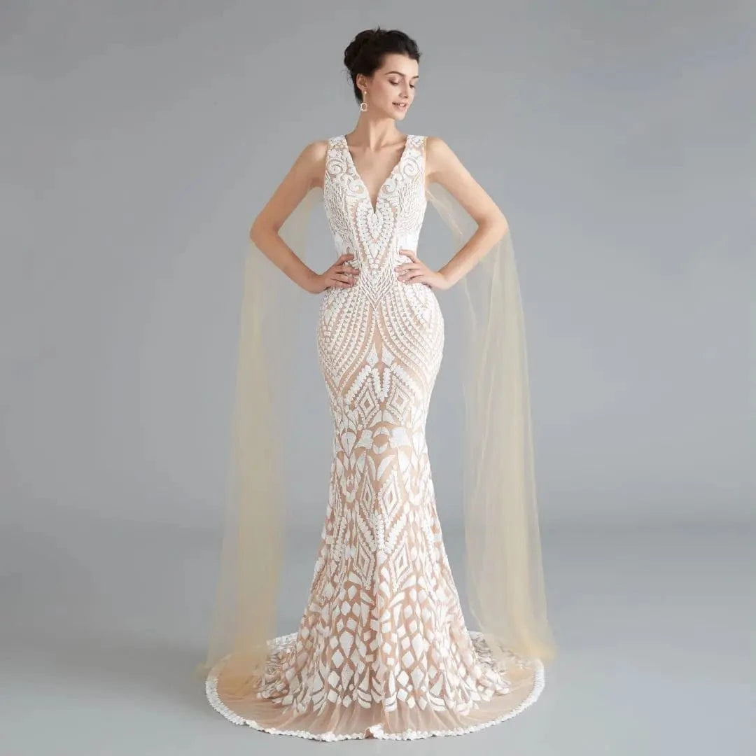 12 / Champagne Wholesale Luxury Red Mermaid Modest Gold Celebrity Evening Dresses Women Champagne Elegant Sequins Silver Party Wear with Wings