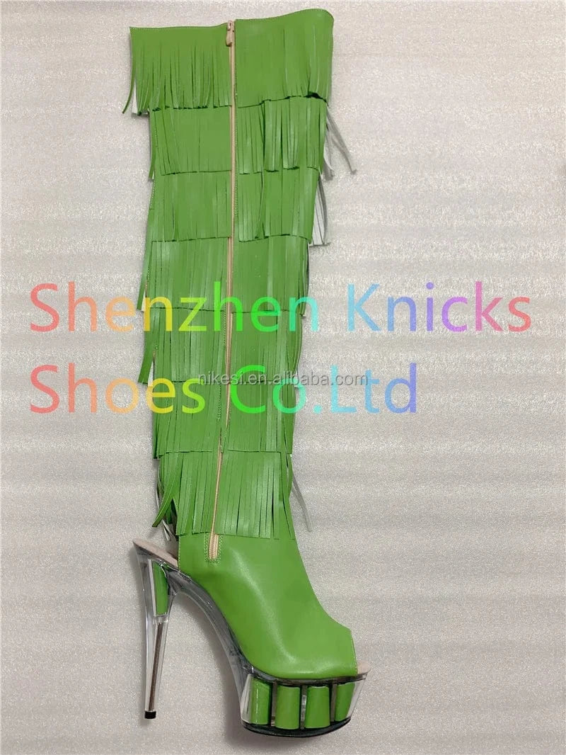 12 / green 6inch-15CM  Black and white tassel boots super high heel  Leather tassel  boot