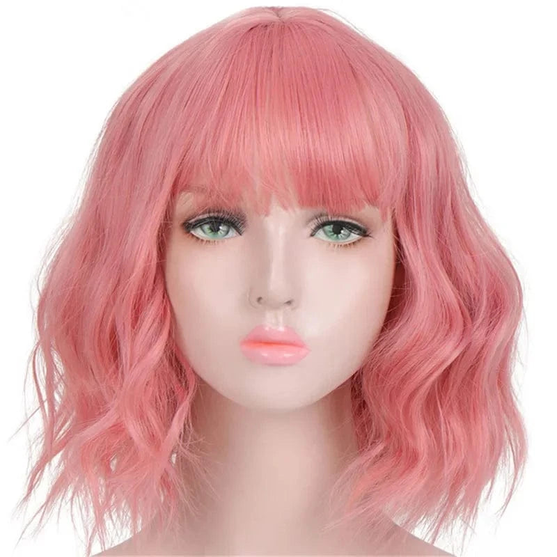12 Inches / 001 SARLA Whole Sale Cheap Lovely Ladies Hair Wigs Sale Online Sewing Machine Synthetic Short Curly Bob Wigs With Bangs For Women