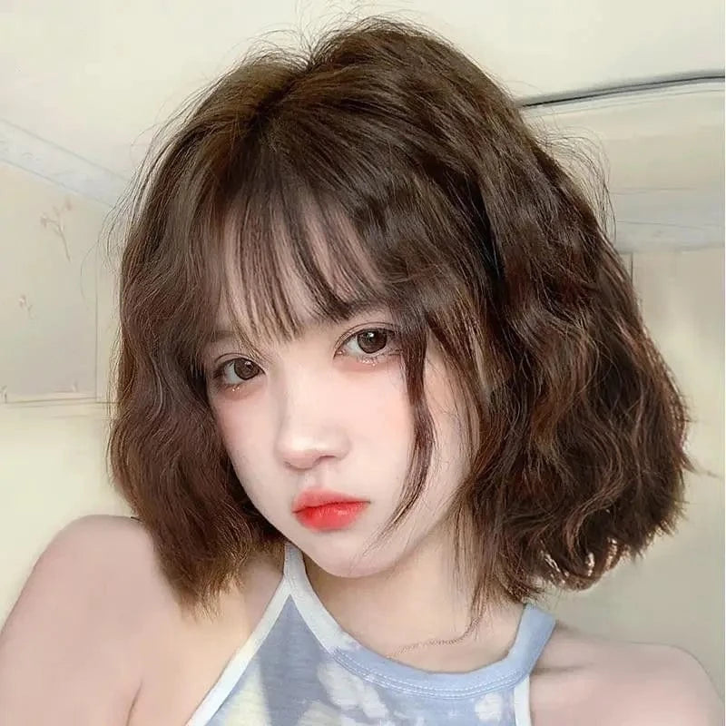12 Inches / 002 SARLA Whole Sale Cheap Lovely Ladies Hair Wigs Sale Online Sewing Machine Synthetic Short Curly Bob Wigs With Bangs For Women