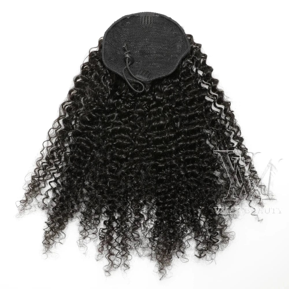 12 Inches / 3C VMAE Burmese Full Thickness 3A 3B 4C Afro Kinky Curly Raw Hair Weaves One Donor Human Hair Drawstring Ponytail With Easy Combs