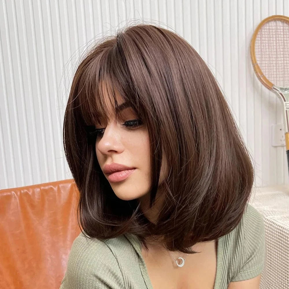 12 Inches / 8002 SARLA Whole Sale Cheap Lovely Ladies Hair Wigs Sale Online Sewing Machine Synthetic Short Curly Bob Wigs With Bangs For Women