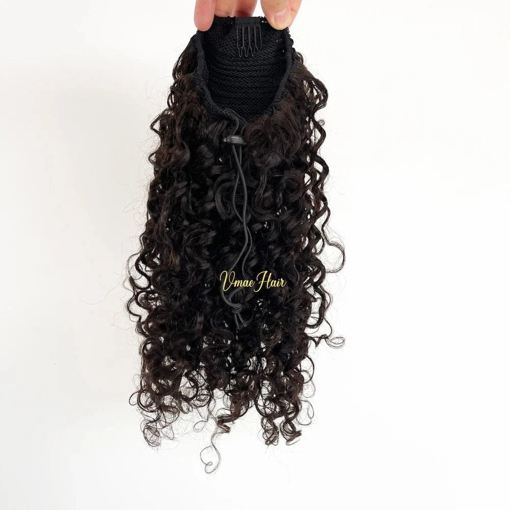 12 Inches / Afro Curly B VMAE Burmese Full Thickness 3A 3B 4C Afro Kinky Curly Raw Hair Weaves One Donor Human Hair Drawstring Ponytail With Easy Combs