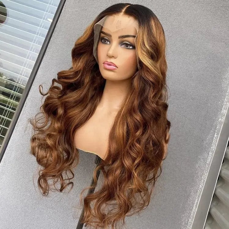 12 Inches / # Color3 Ombre Brown Black Long Wavy Middle Part Hair Wig Pre Plucked Cuticle Aligned Peruvian Hair Lace Front Wigs