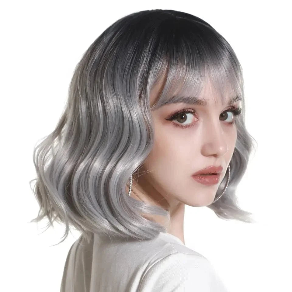 12 Inches / Grey with dark SARLA Whole Sale Cheap Lovely Ladies Hair Wigs Sale Online Sewing Machine Synthetic Short Curly Bob Wigs With Bangs For Women
