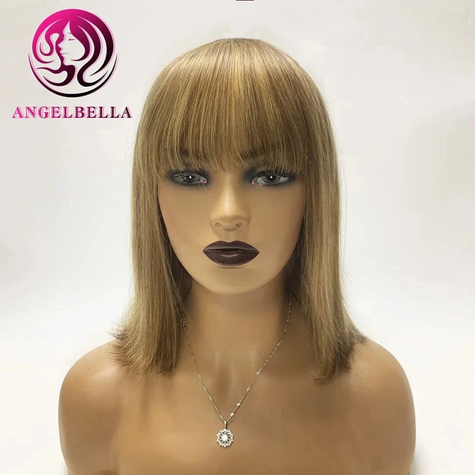 12 Inches / Highlight Natural Straight Short BOb Wigs With Bangs Vendors Brazilian Human Hair Wig Bulk Virgin Remy Machine Made Cheap Wigs