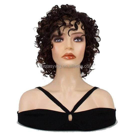 12 Inches / Natural black mix brown Curlycrazy Curly Wig With Bangs Short Easy Wear Full Thin Skin Heat Resistant Afro Kinky Curly Bob None Lace Wig For BLack Women