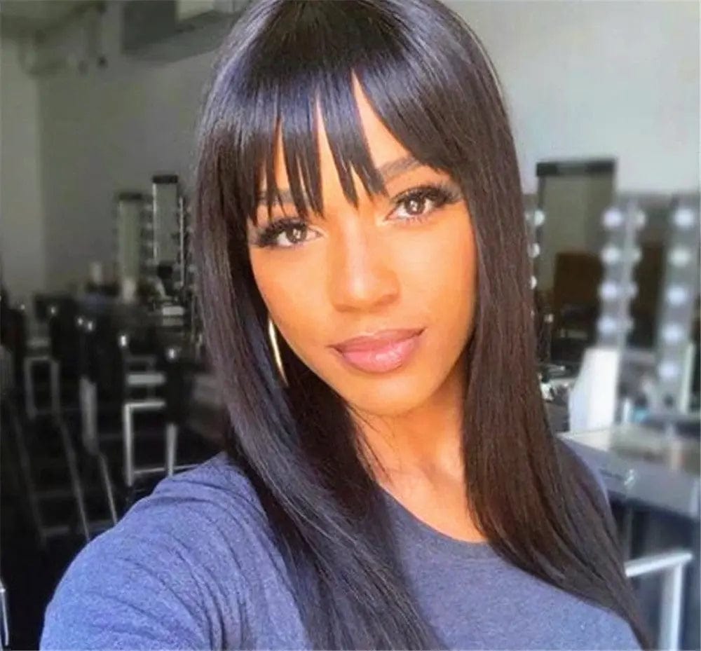 12 Inches / Natural Color Natural Color Long Straight Wigs Cuticle Aligned Virgin Human Hair Lace Front Wigs With Bangs