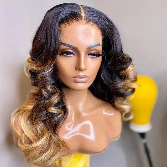 12 Inches / #Ombre Color Highlight Black To Brown Blonde  Raw Human Hair Lace Front Wigs For Women 13A Hair Vendors Wigs With Free Part Lace Frontal