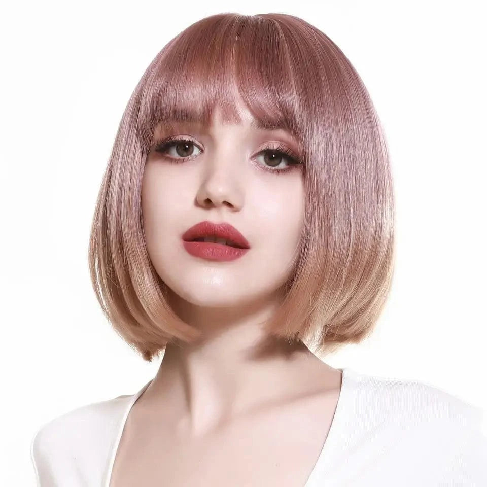 12 Inches / pastel peach SARLA Whole Sale Cheap Lovely Ladies Hair Wigs Sale Online Sewing Machine Synthetic Short Curly Bob Wigs With Bangs For Women