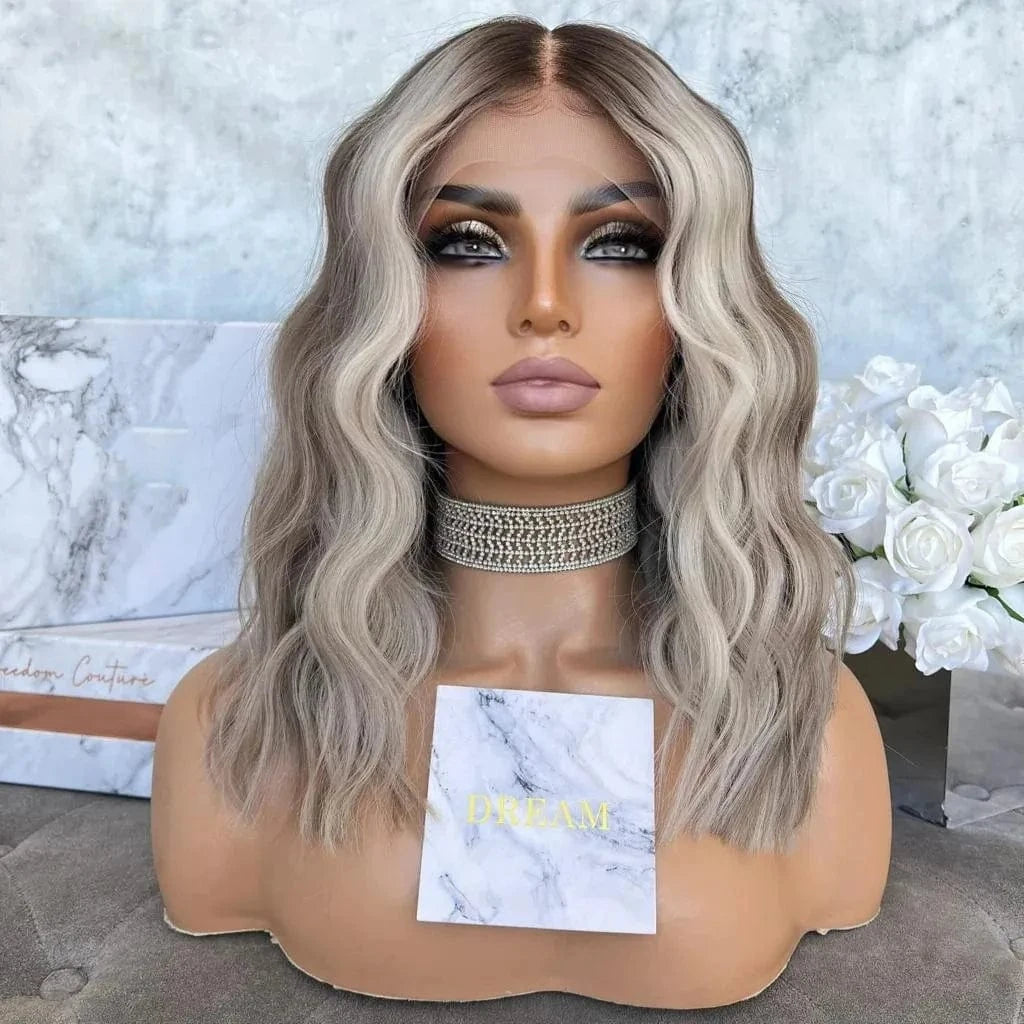 12 Inches / Wig 2 Freedom Same 150% Density Ash Blonde Highlight Color Natural Wave Virgin Remy European Cuticle Hair Lace Front Wigs For Women