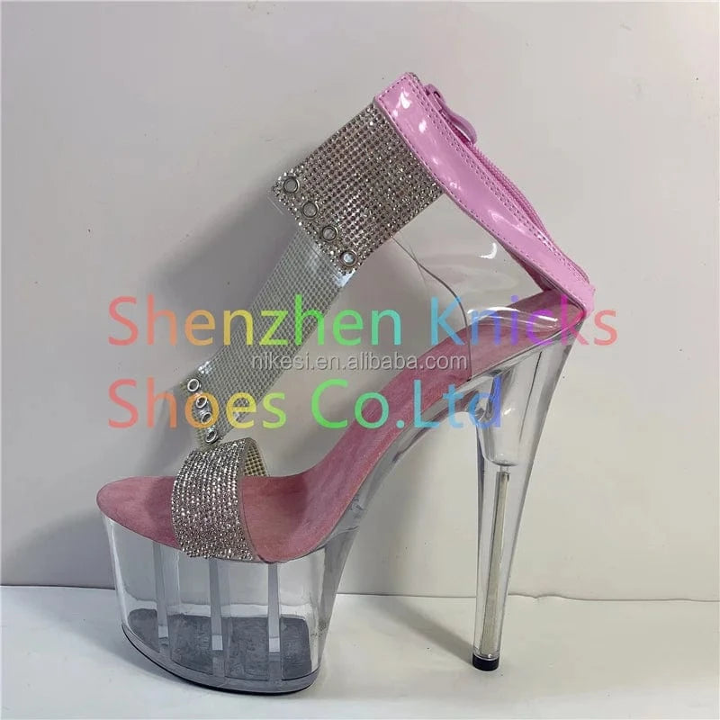 12 / Pink 7inch-17CM crystal shoe foot ultra-high heel diamond upper steel pipe dance Rhinestone shoes