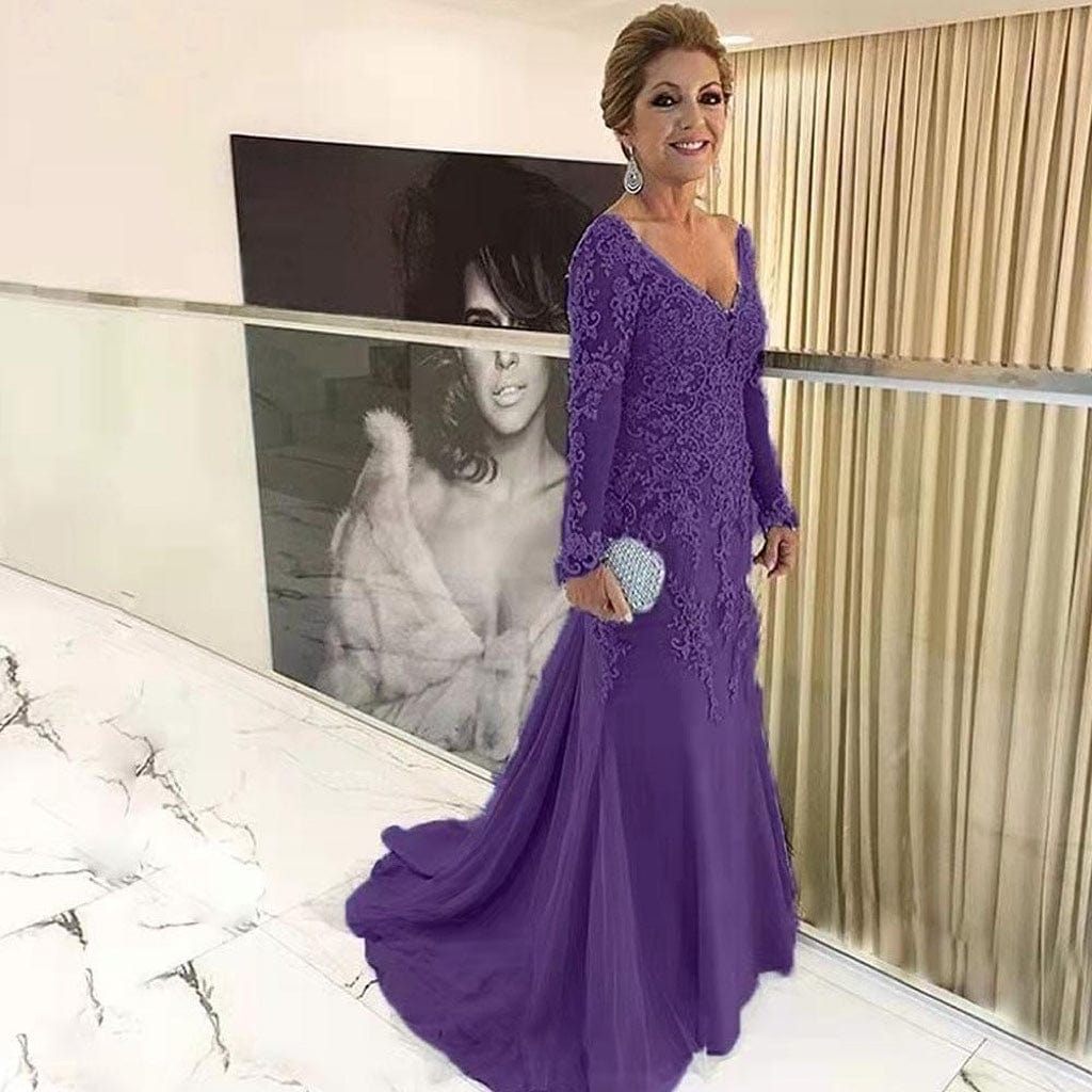 12 / Purple Elegant Blue Silver Mother of the Bride Dresses Long Sleeves 2022 V Neck Godmother Evening Dresses Wedding Party Guest Gowns New