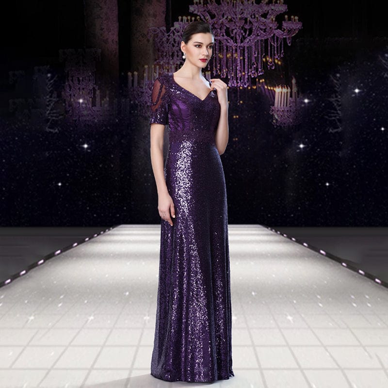 12 / Purple Jancember LC02 Sexy V-neck Long Sleeve Gown Mother Of The Bride Evening Dress