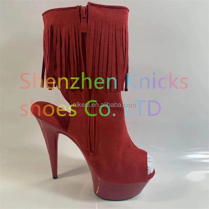 12 / Red 6inch-15cm Sexy nightclub pole dance performance low ankle boots fringe toe ultra high heel with crystal waterproof platform