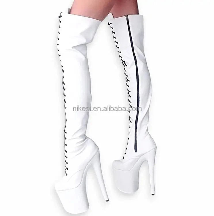 12 / White 20cm wrapped heel style High boots Knee-high boots Club Cosplay Pole Shoes Sexy women's Shoes Model shoes Drag wrapped heel