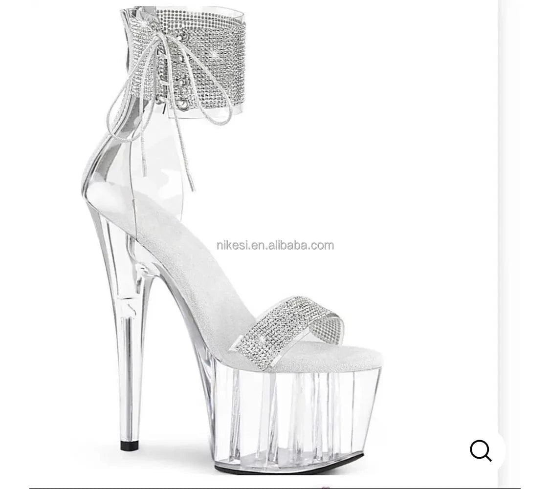12 / White 7inch-17CM crystal shoe foot ultra-high heel diamond upper steel pipe dance Rhinestone shoes