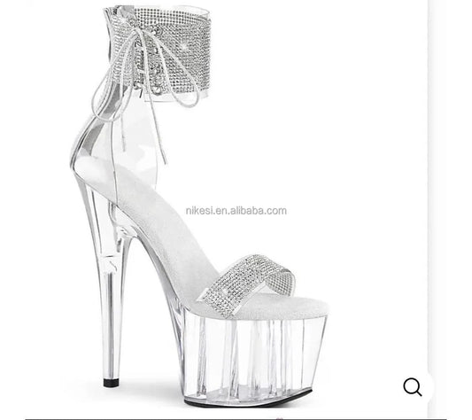 12 / White 7inch-17CM crystal shoe foot ultra-high heel diamond upper steel pipe dance Rhinestone shoes