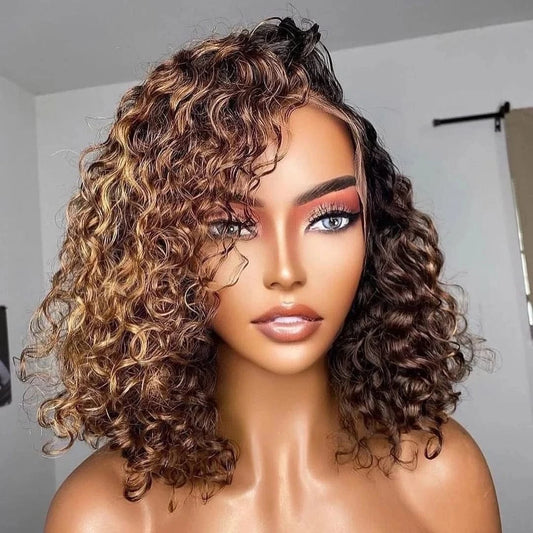 12inch 180%Density Ombre Colored Curly 4X4 5X5 Glueless Closure Wigs For Black Women,Brazilian Raw Virgin 100% Human Hair Wigs