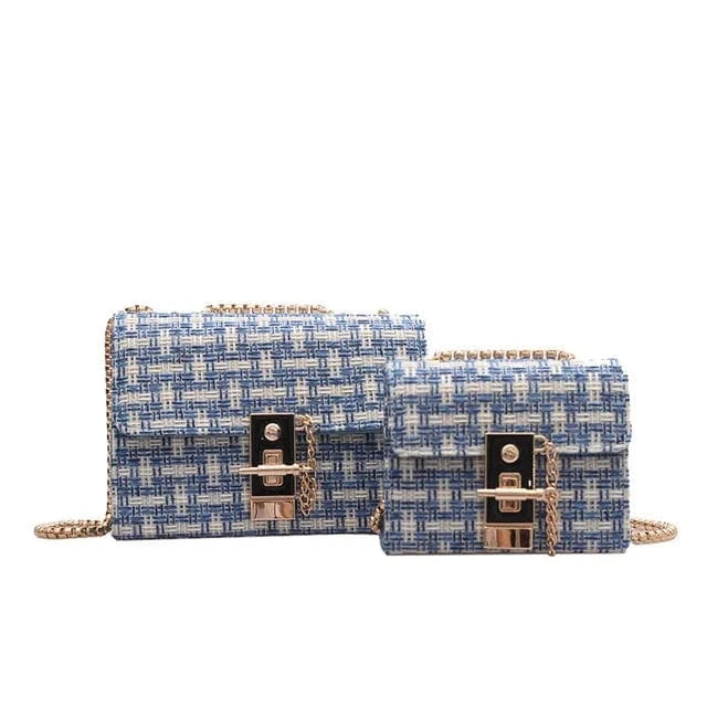 12x5x9cm Small / Blue Mini Chains Weaving Crossbody Bag Women Winter Tweed Wool Handbag Designer Satchels Female Trendy Lock Shoulder Messenger Bags