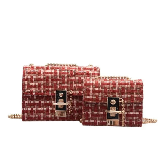 12x5x9cm Small / Red Mini Chains Weaving Crossbody Bag Women Winter Tweed Wool Handbag Designer Satchels Female Trendy Lock Shoulder Messenger Bags