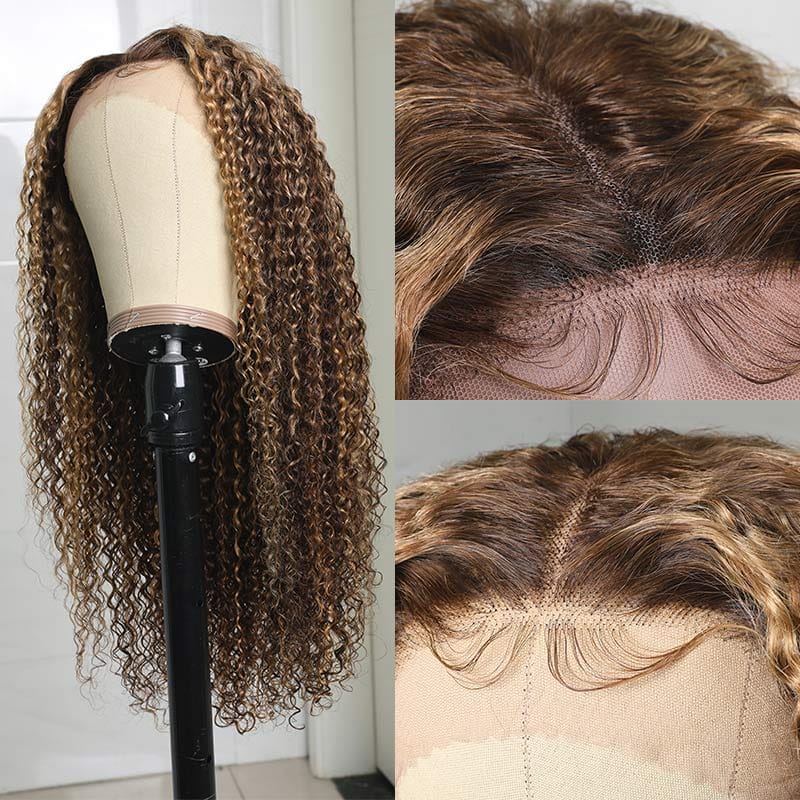 13x4 Blonde Highlights Frontal Wig Brown Highlighted Human Hair Lace Wigs Deep Wave Curly Highlight Lace Front Wig