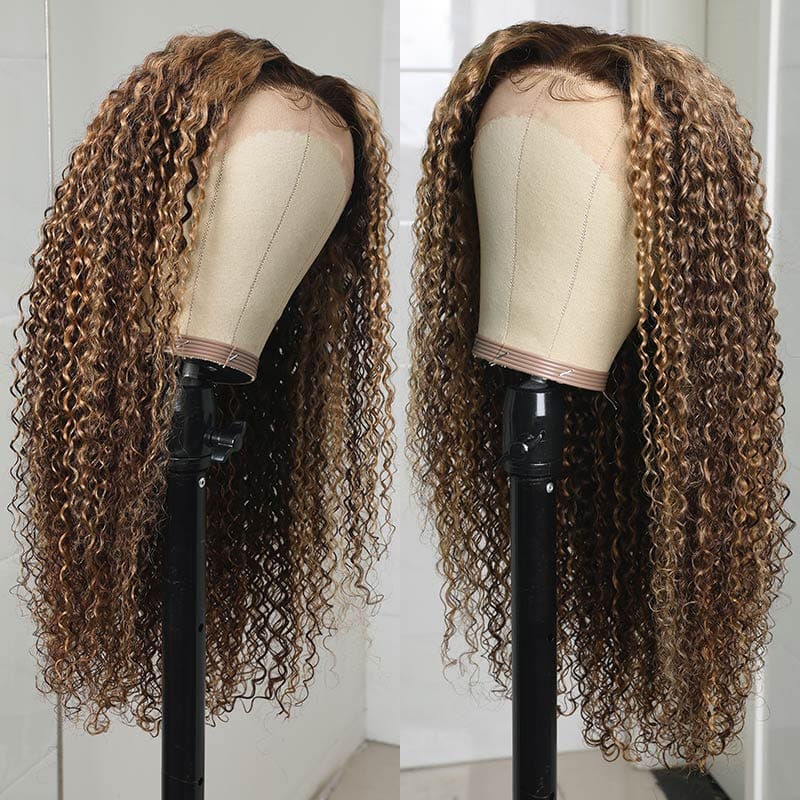 13x4 Blonde Highlights Frontal Wig Brown Highlighted Human Hair Lace Wigs Deep Wave Curly Highlight Lace Front Wig