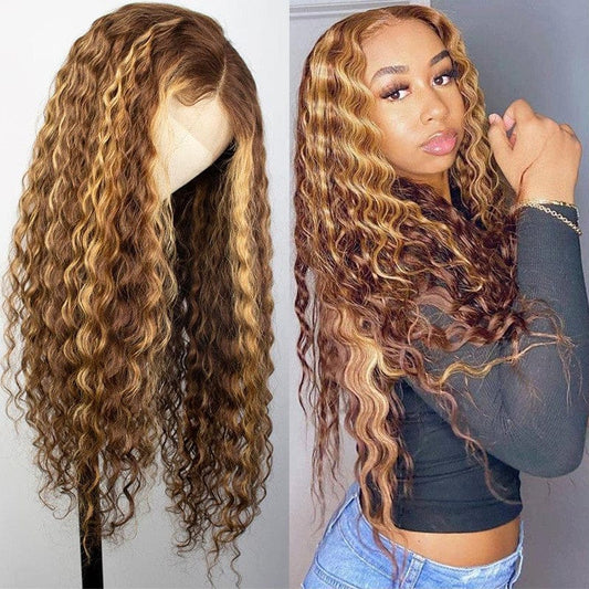 13x4 Blonde Highlights Frontal Wig Brown Highlighted Human Hair Lace Wigs Deep Wave Curly Highlight Lace Front Wig