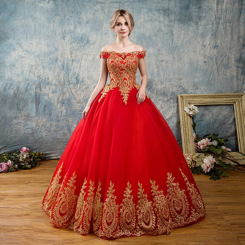 14 / 1 / Floor Length Appliqued Gold Lace Off Shoulder Ball gown wedding Evening pattern Red Muslim Asian European American Traditional dress